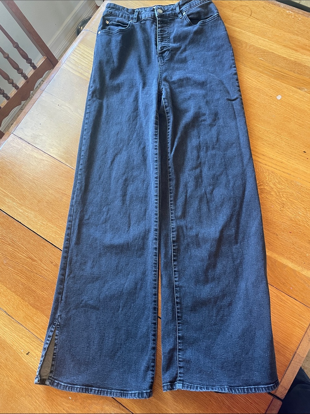 SO Wide-Leg Flare Jeans in Distressed Black Denim